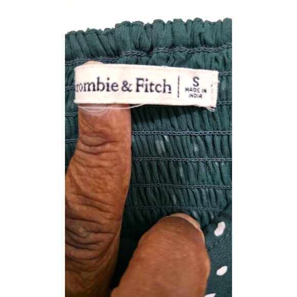 Abercrombie & Fitch Green Polka Dot Smocked Off-Shoulder Blouse With Long Sleeve - Picture 6 of 7
